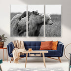 Bear and Cub Wall Art Canvas | Grizzly 399 Bear and Cub Black and White Wildlife Print