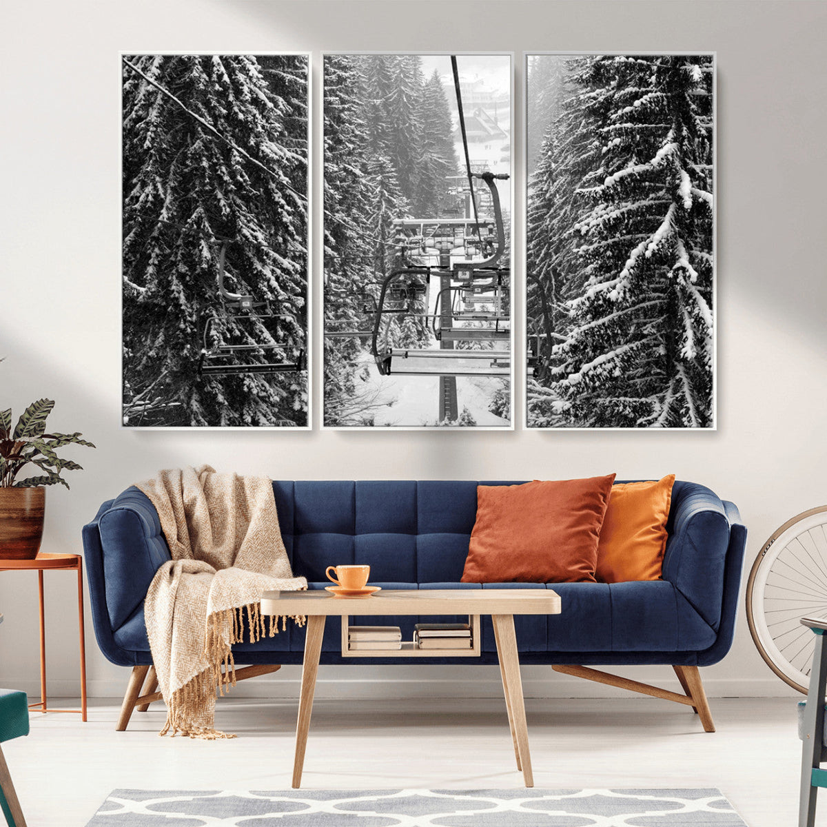 Winter Ski Lift Black and White Canvas Wall Art | Alpine Escape in Minimalist Style