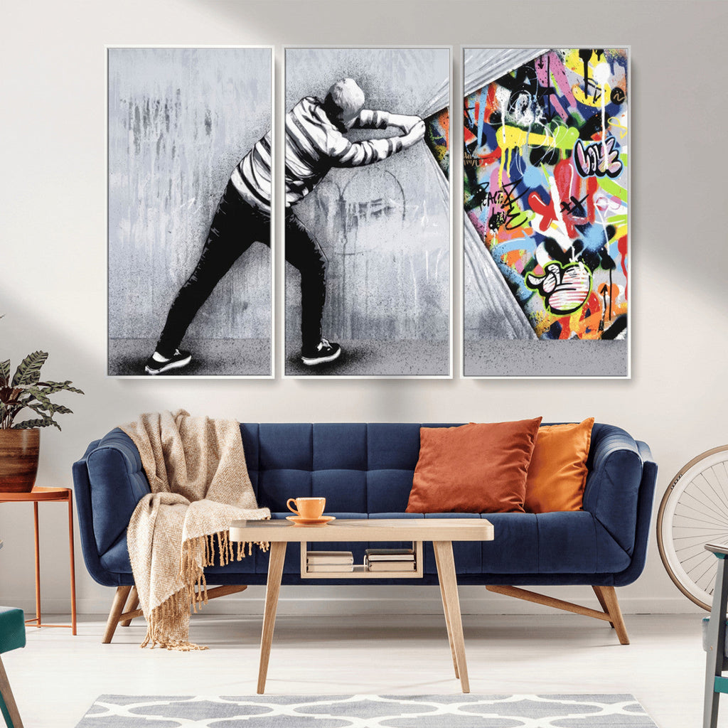 Banksy Art Behind the Curtain Street Wall Art Canvas Print | Urban Graffiti Style Wall Decor