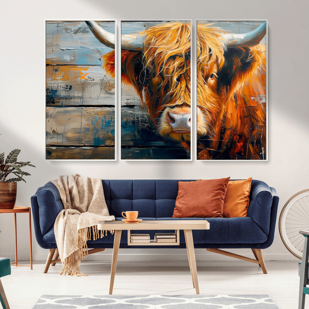 Highland Cow Abstract Canvas Wall Art, Bold Farmhouse Decor