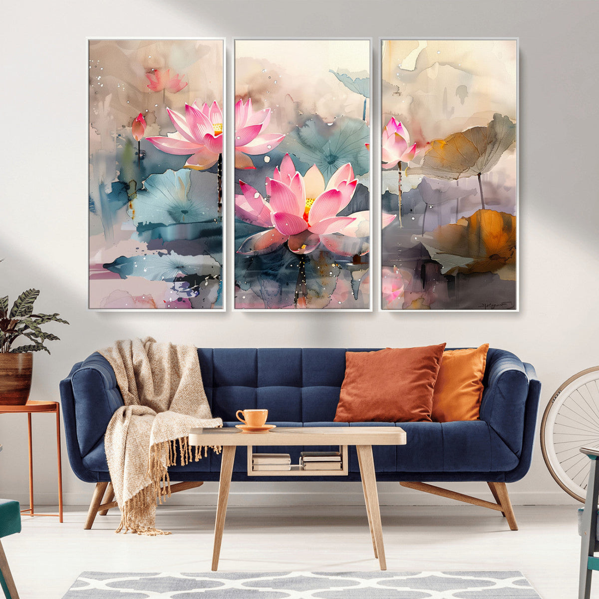 Lotus Flower Wall Art | 3 Panel Giclee Canvas Print of Pink Lotus Blossoms