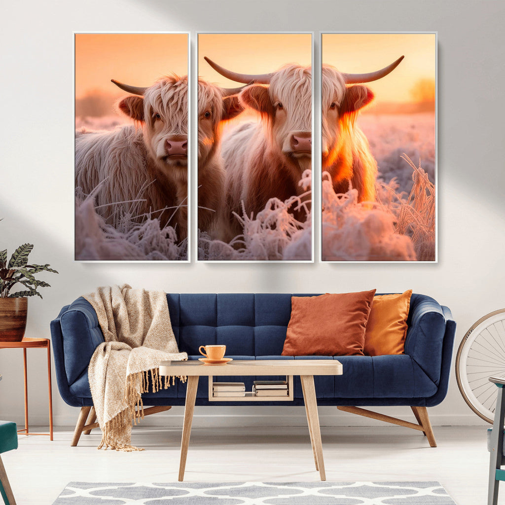 Highland Cows at Sunrise Wall Art Canvas Set