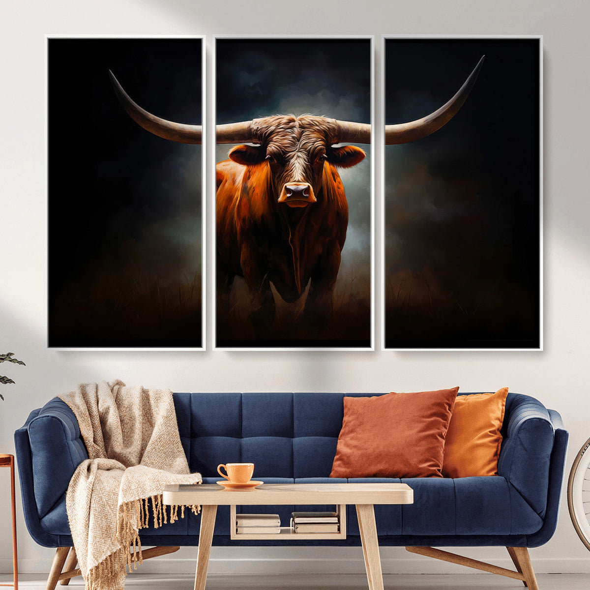 Abstract Texas Longhorn Wall Art Print | 3-Panel Large Texas Longhorn Canvas