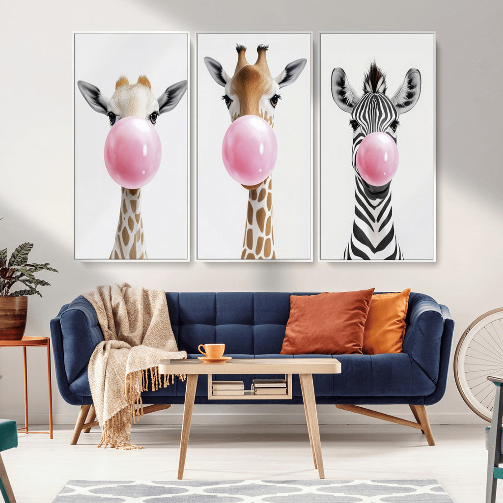 Bubblegum Animals Canvas Wall Art, Playful Giraffe and Zebra Trio, Whimsical Nursery and Kids Room Decor