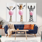 Bubblegum Animals Canvas Wall Art, Playful Giraffe and Zebra Trio, Whimsical Nursery and Kids Room Decor