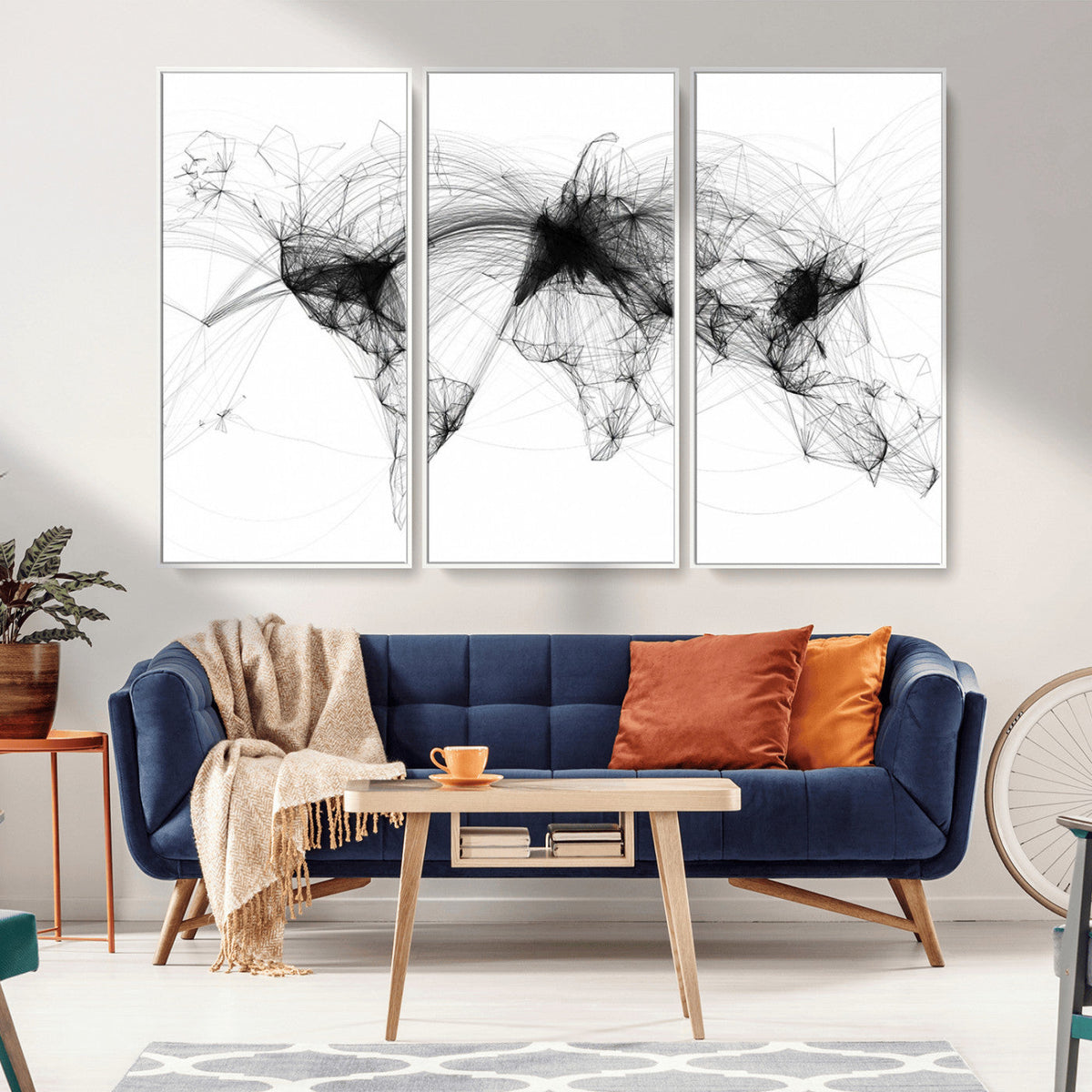 Abstract World Map Wall Art | Framed Geometric Line Canvas