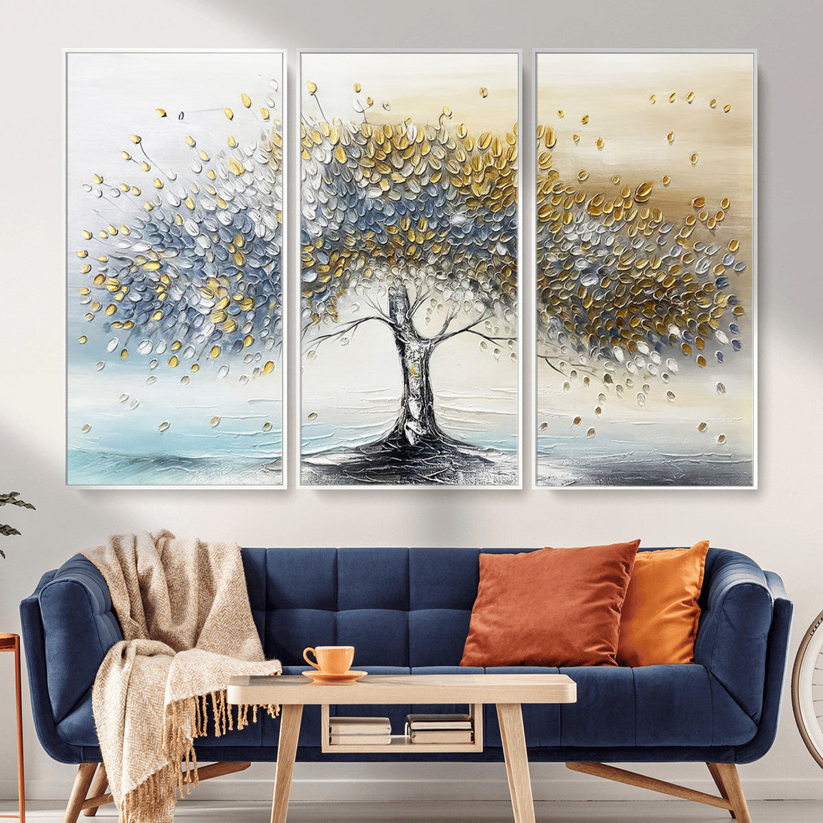 Golden and Silver Tree Wall Art | Framed Elegant Leaves Canvas
