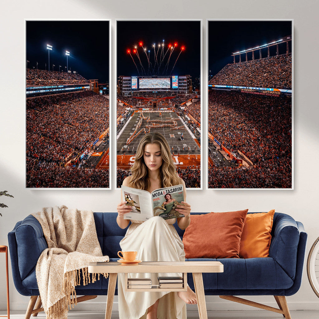 Texas Stadium Night Game Wall Art Canvas Print, Vibrant Football Fireworks Scene
