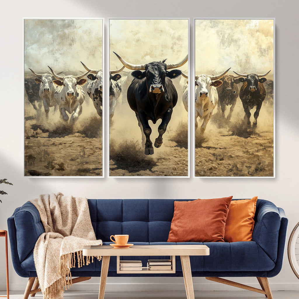 Texas Longhorn Wall Art | Framed Charging Cattle Canvas