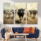 Texas Longhorn Wall Art | Framed Charging Cattle Canvas