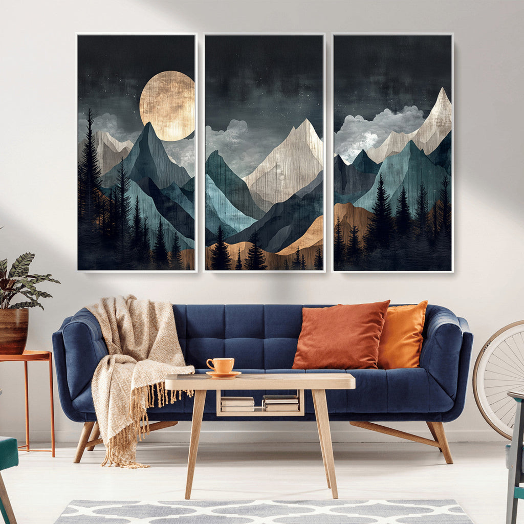 Moonlit Mountain Wall Art Canvas Print, Framed Silhouetted Pines Art, Layered Peaks Rustic Decor