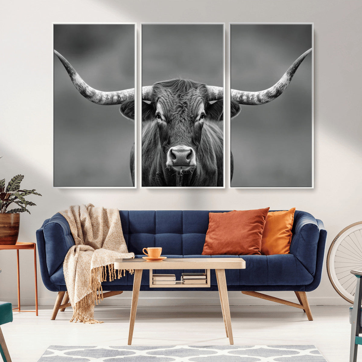 Texas Longhorn Wall Art Canvas Print, Framed Western Bull Photography, Rustic Log Cabin Decor