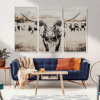 Texas Longhorn Wall Art Canvas Print | Framed Speckled Brown and White Bull