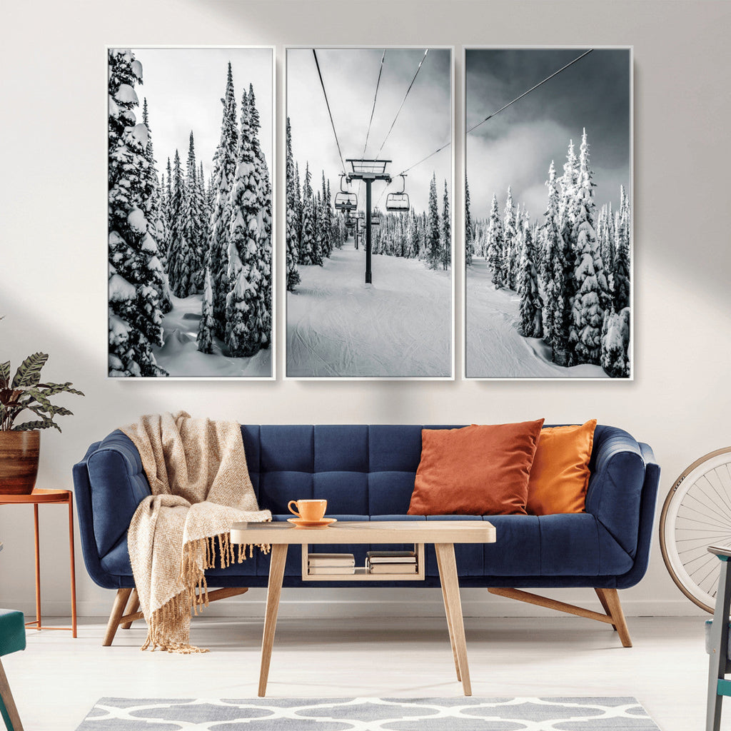 Snowy Pines Wall Art Canvas Print | Ski Lift in a Winter Forest