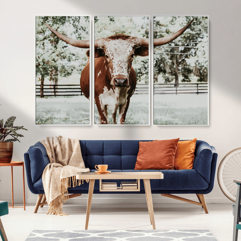Texas Longhorn Wall Art Canvas Print | Framed Spotted Brown and White Bull