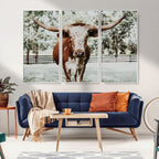 Texas Longhorn Wall Art Canvas Print | Framed Spotted Brown and White Bull