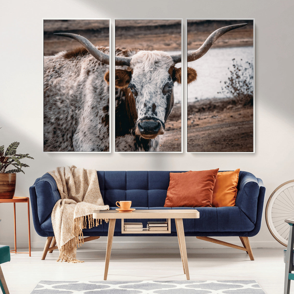 Texas Longhorn Wall Art Canvas Print | Framed Brown and White Spotted Longhorn