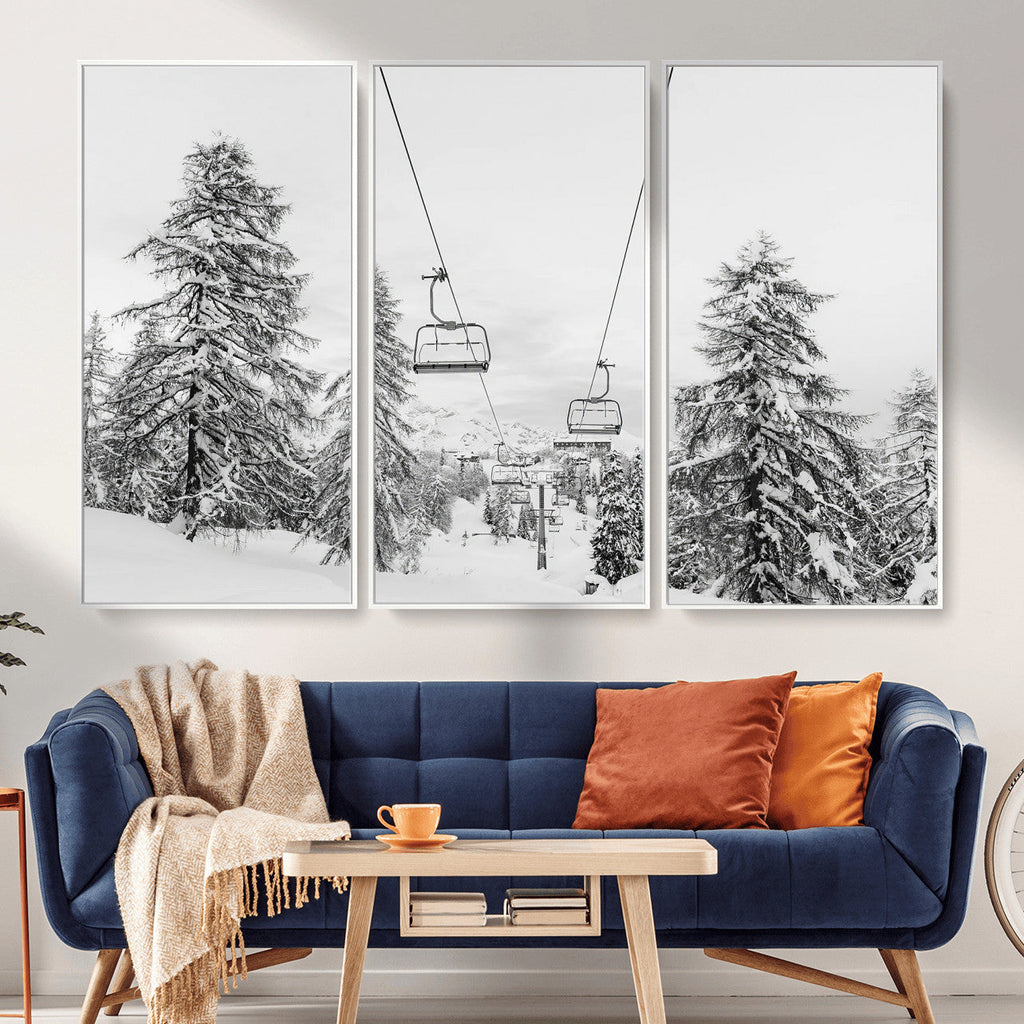 Snowy Ski Lift Wall Art | Framed Winter Forest Canvas