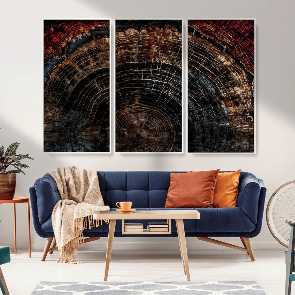 Dark Wood Ring Wall Art Canvas Print, Framed Abstract Tree Slice Print, Rustic Wood Grain Decor