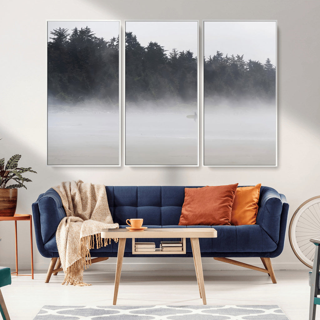Surfer Fog Wall Art Canvas Print, Framed Foggy Beach and Coastal Surf Scene