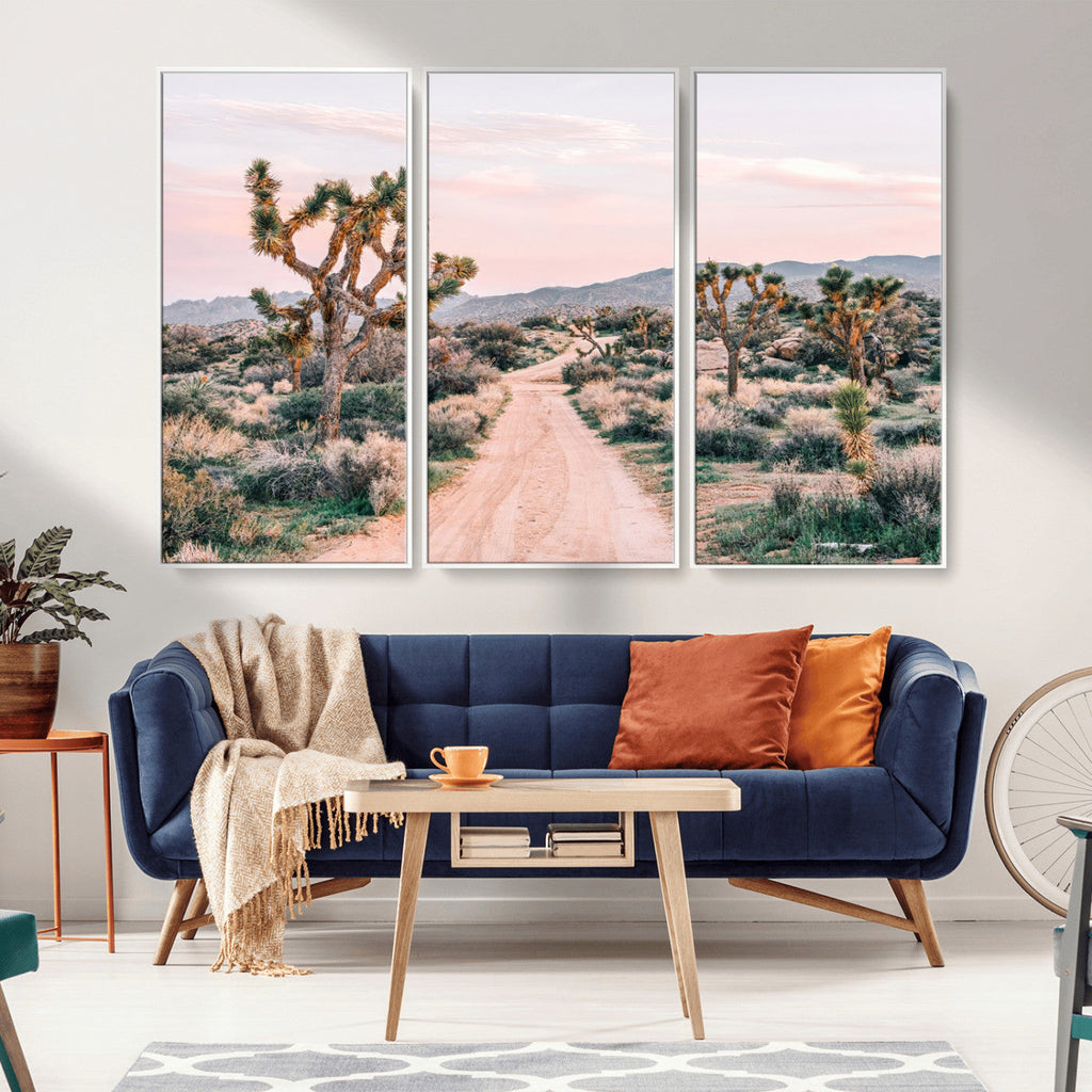 Joshua Tree Wall Art Canvas Print, Framed Desert Road Scene at Sunset