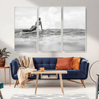Black and White Surfing Wall Art Canvas Print, Framed Ocean Horizon Surfer Girl