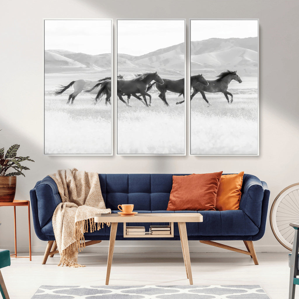 Wild Horses Running Wall Art Canvas Print, Framed Black White Mustangs Artwork