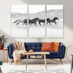 Wild Horses Running Wall Art Canvas Print, Framed Black White Mustangs Artwork