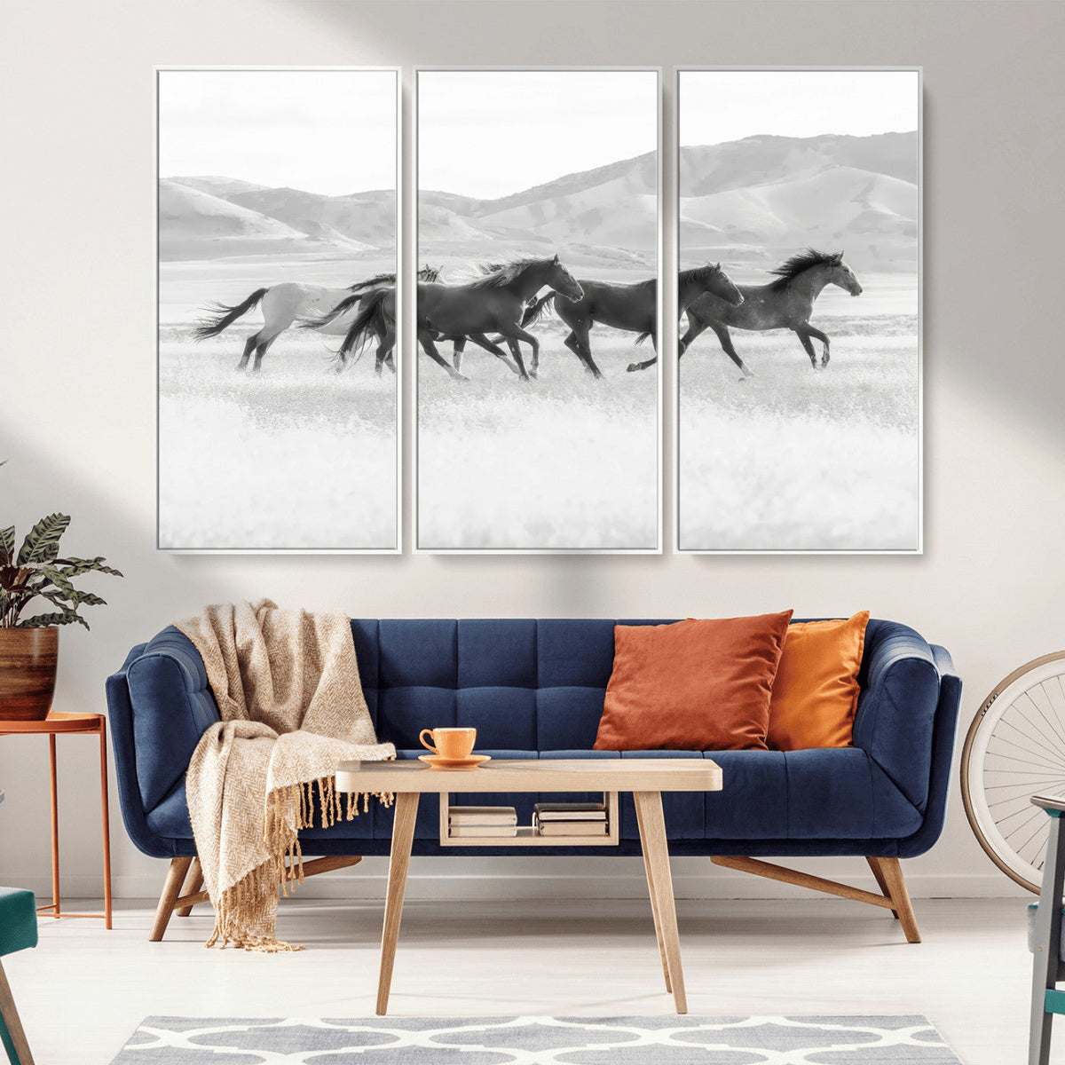 Wild Horses Running Wall Art Canvas Print, Framed Black White Mustangs Artwork