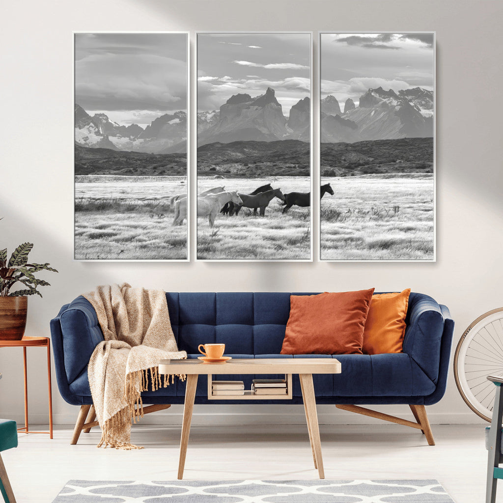 Wild Horses Wall Art | Framed Black White Mountain Canvas
