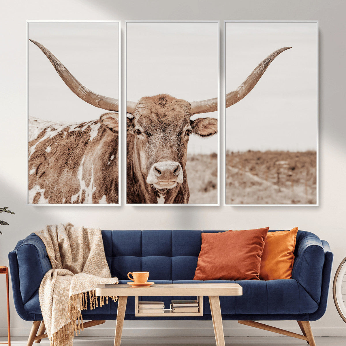 Longhorn Cow Wall Art Canvas Print, Framed Texas Ranch Print, Western Bull Art, Cowboy Decor