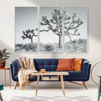 Joshua Tree Wall Art Canvas Print, Framed Black and White Desert Landscape Artwork