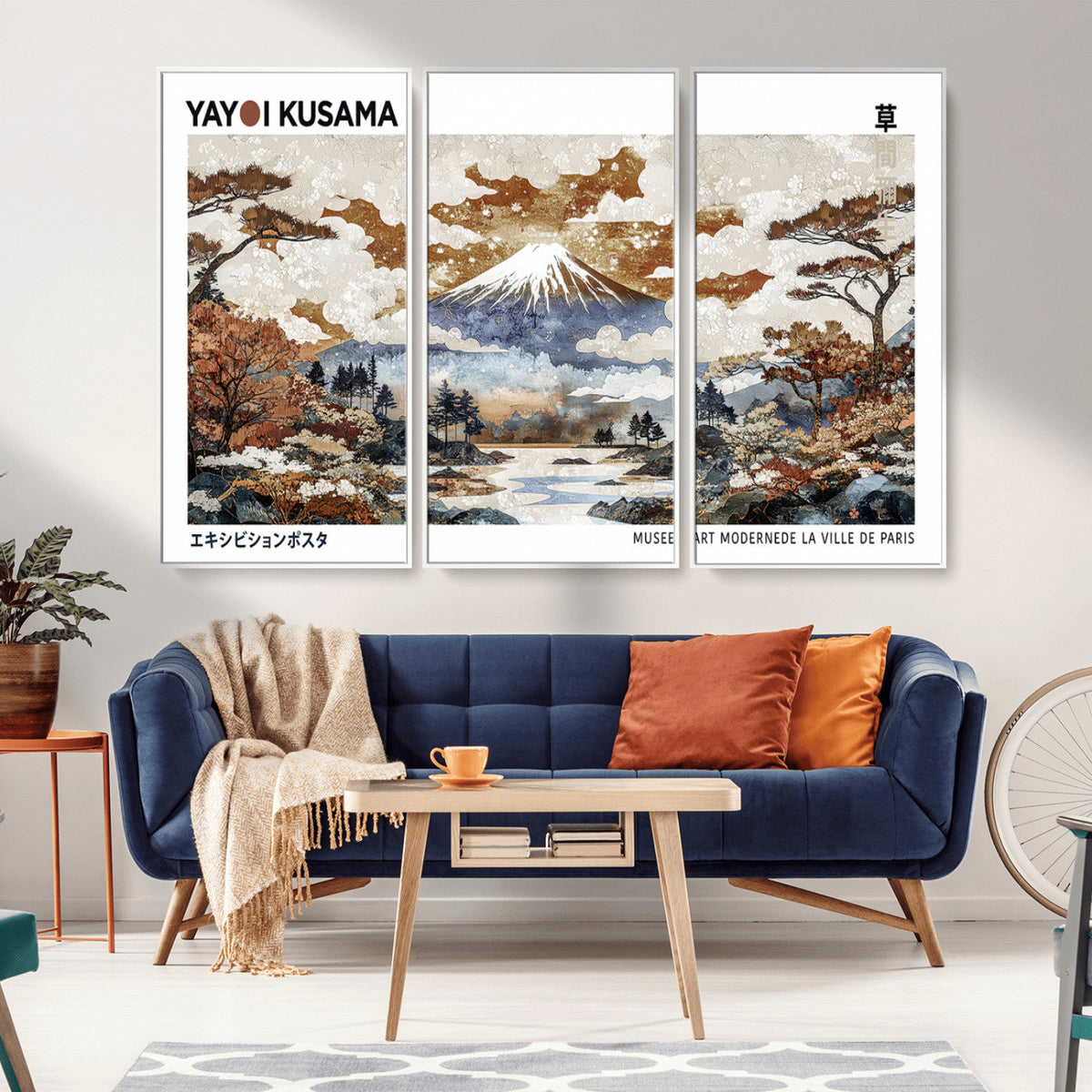 Modern Japanese Wall Art Canvas Print, Framed Abstract Mount Fuji Landscape, Yayoi Kusama Canvas Wall Art