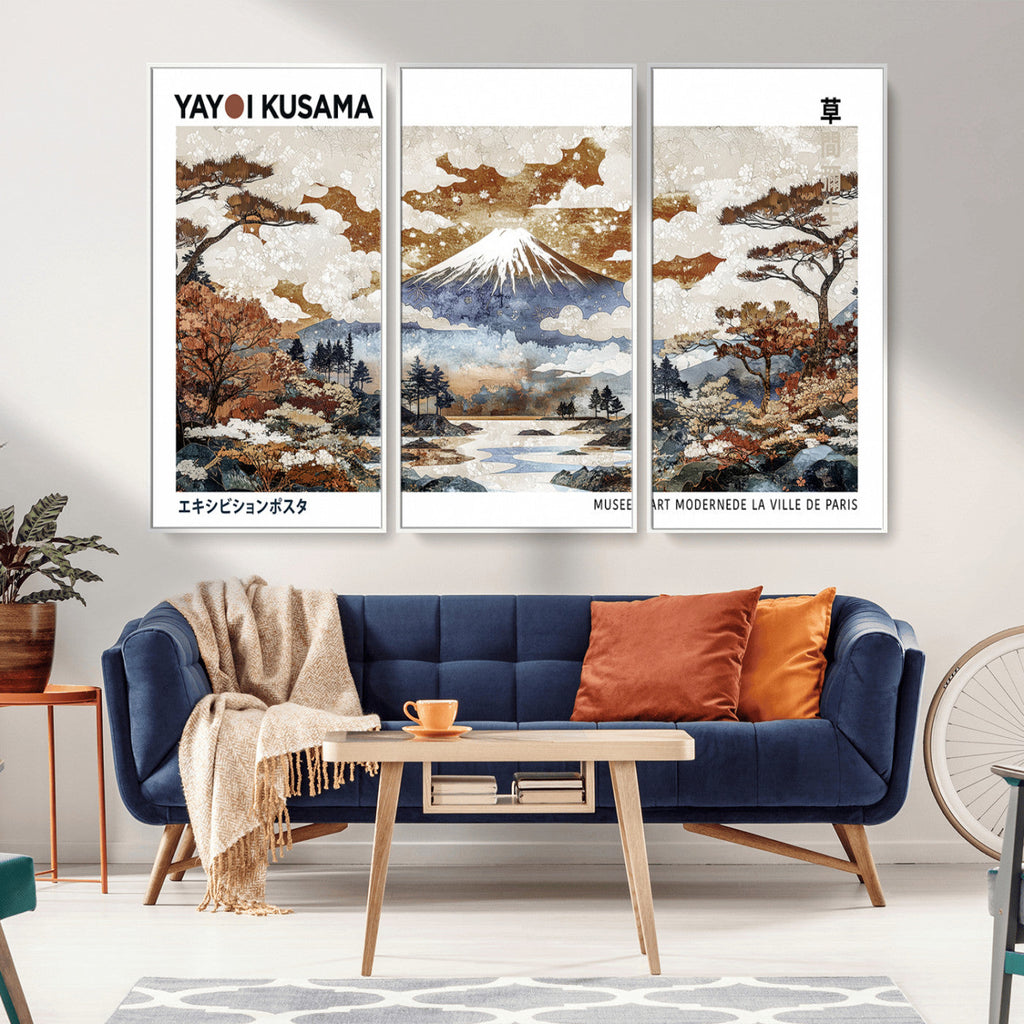 Modern Japanese Mount Fuji Canvas Art Print, Yayoi Kusama Wall Art, Framed Abstract Japanese Landscape