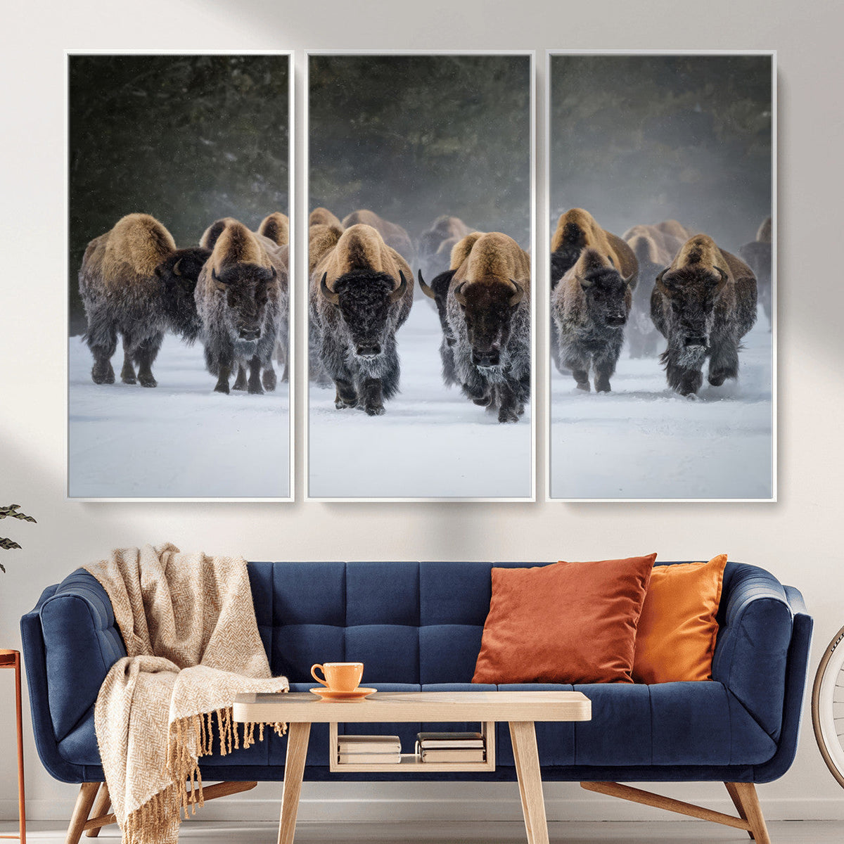 Bison Herd Wall Art Canvas Print, Framed Rustic Wildlife Decor, Snowy Bison Landscape