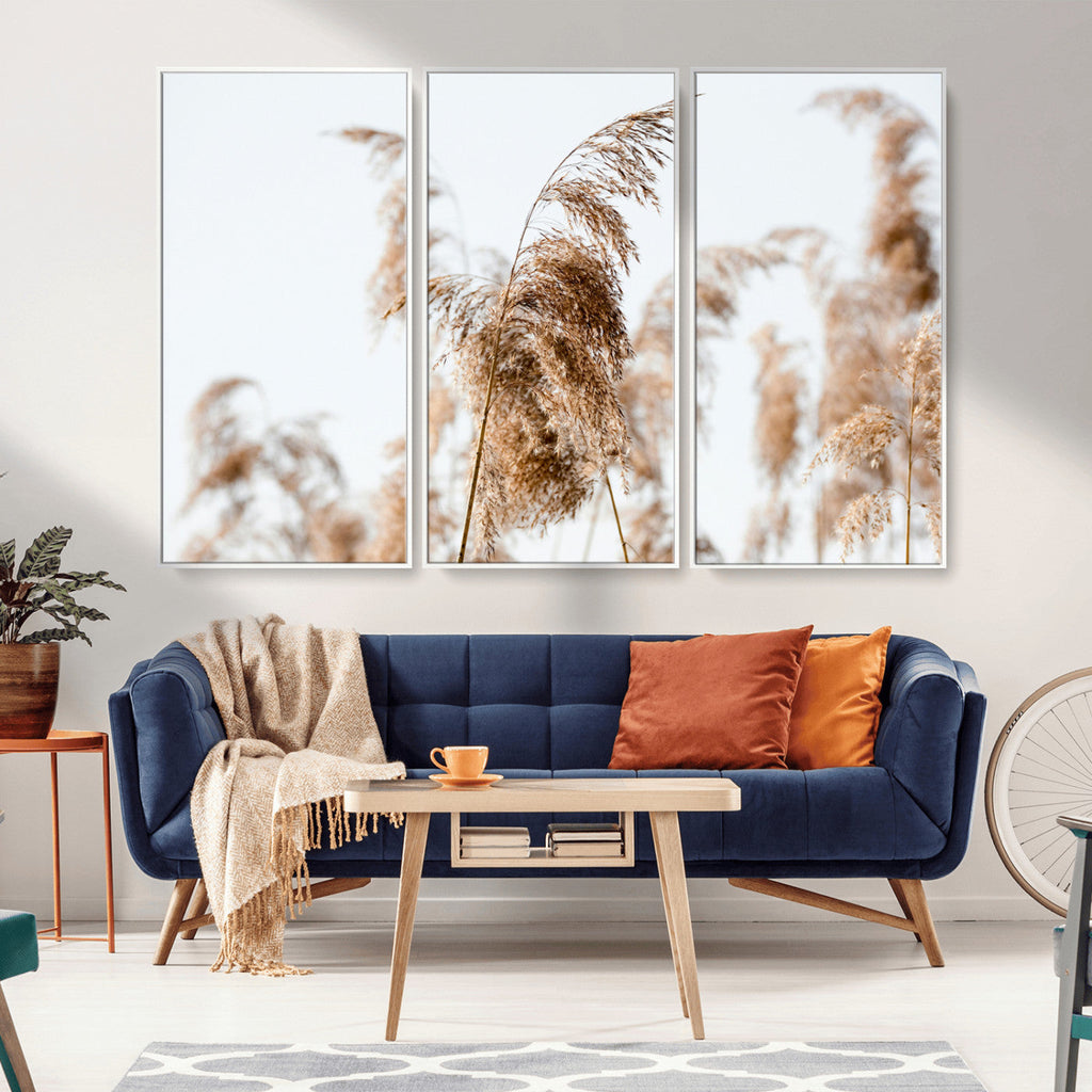 Pampas Grass Wall Art Canvas Print, Framed Neutral Tones Minimalist Boho