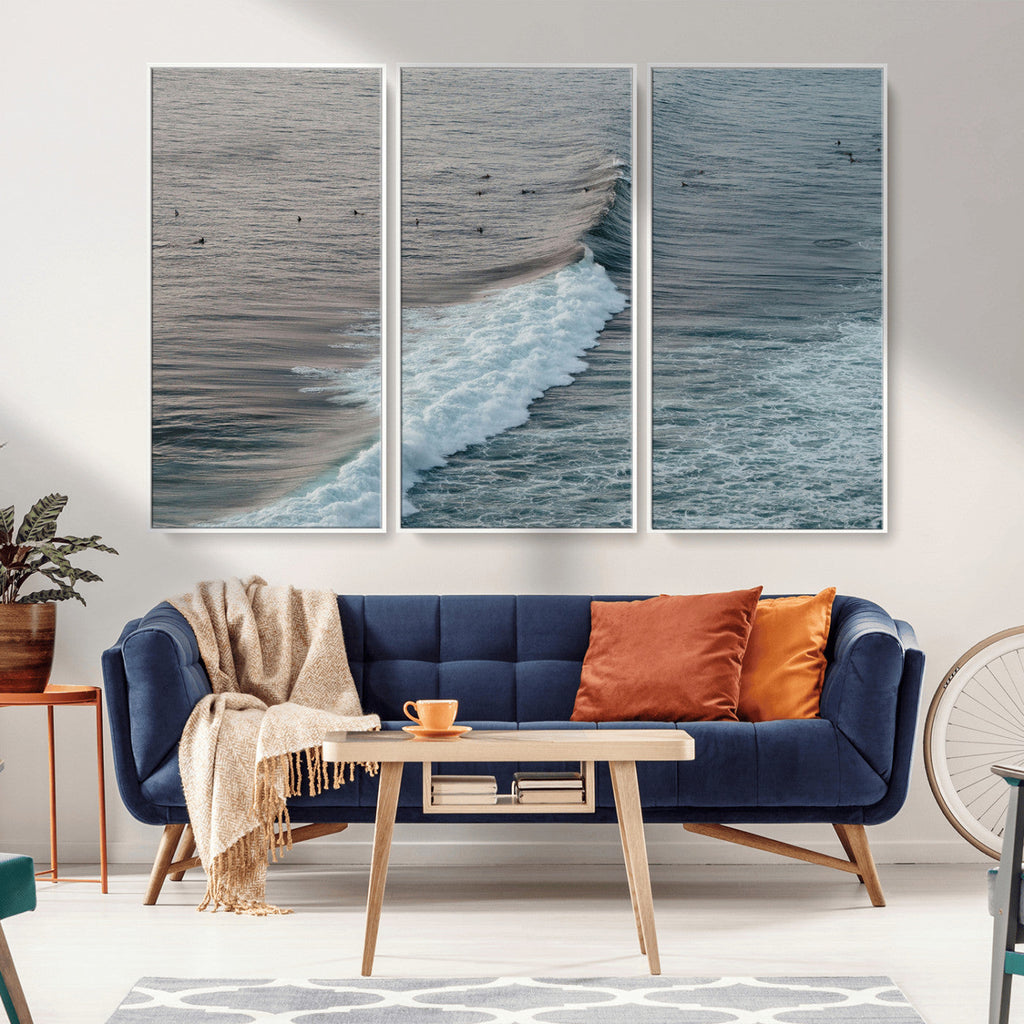 Ocean Waves Wall Art Canvas Print, Framed Coastal Serenity Surf Scene