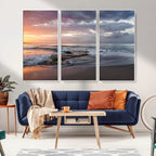 Golden Hour Wall Art Canvas Print, Framed Tranquil Waves Beach Sunset
