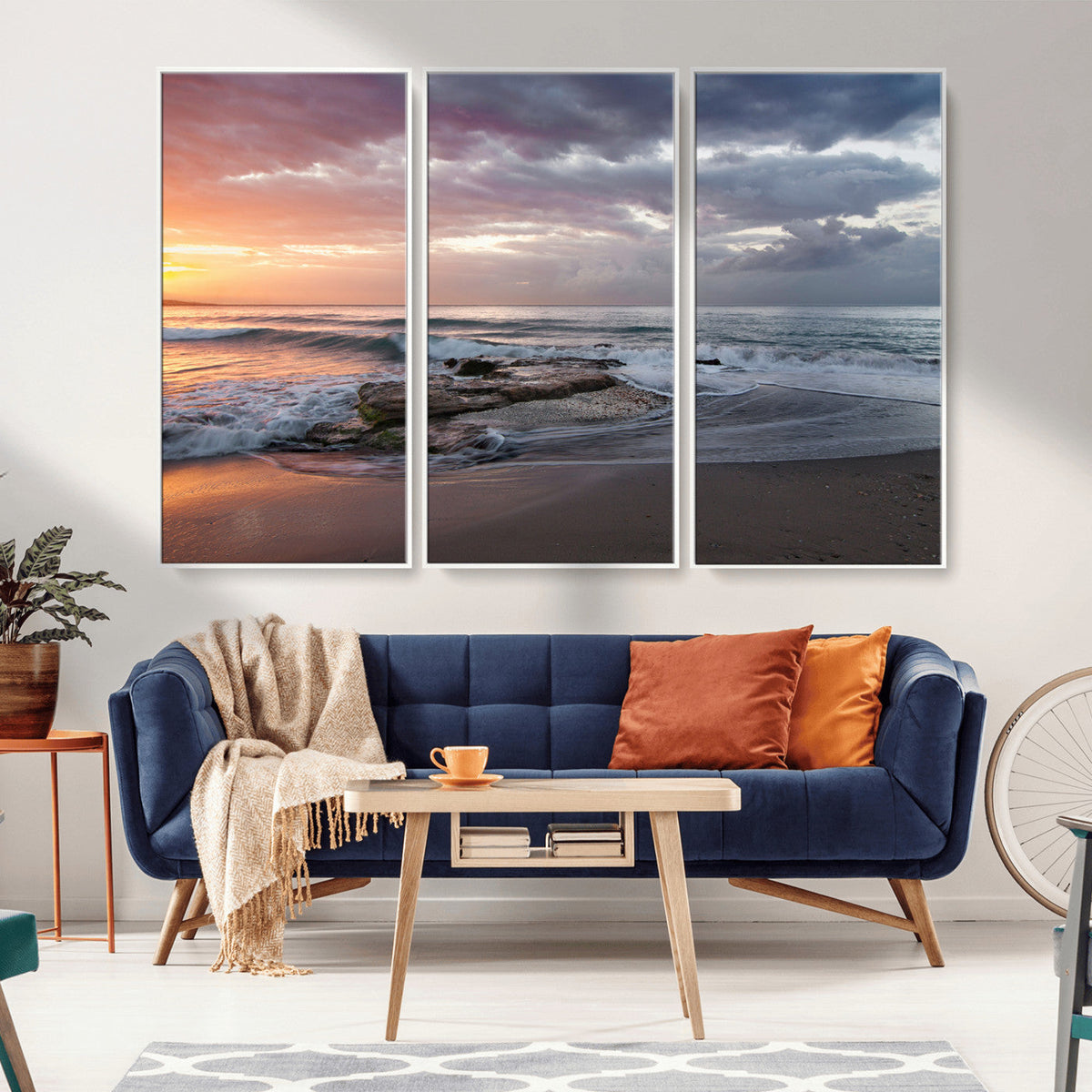 Golden Hour Wall Art Canvas Print, Framed Tranquil Waves Beach Sunset