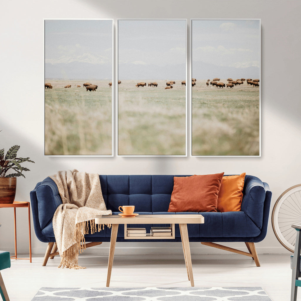 Bison Herd Wall Art Canvas Print, Framed Western Ranch Nature Scene