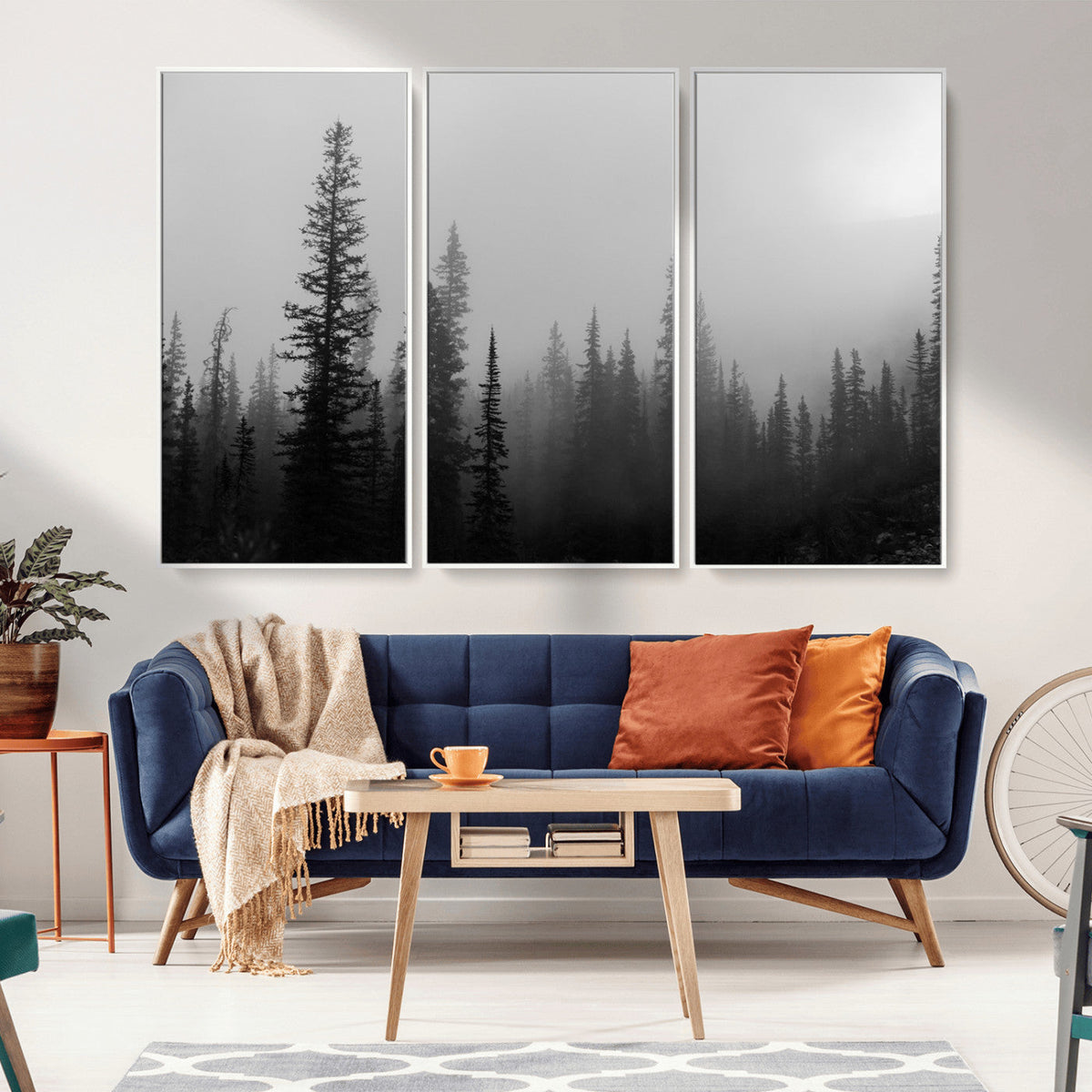 Misty Pines Wall Art Canvas Print, Framed Woodland Minimalist Black and White