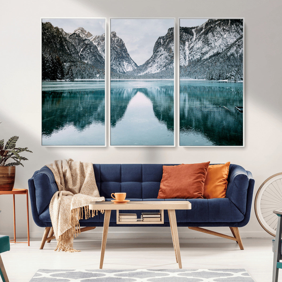 Mountain Lake Wall Art Canvas Print, Framed Toblacher See Winter Wonderland