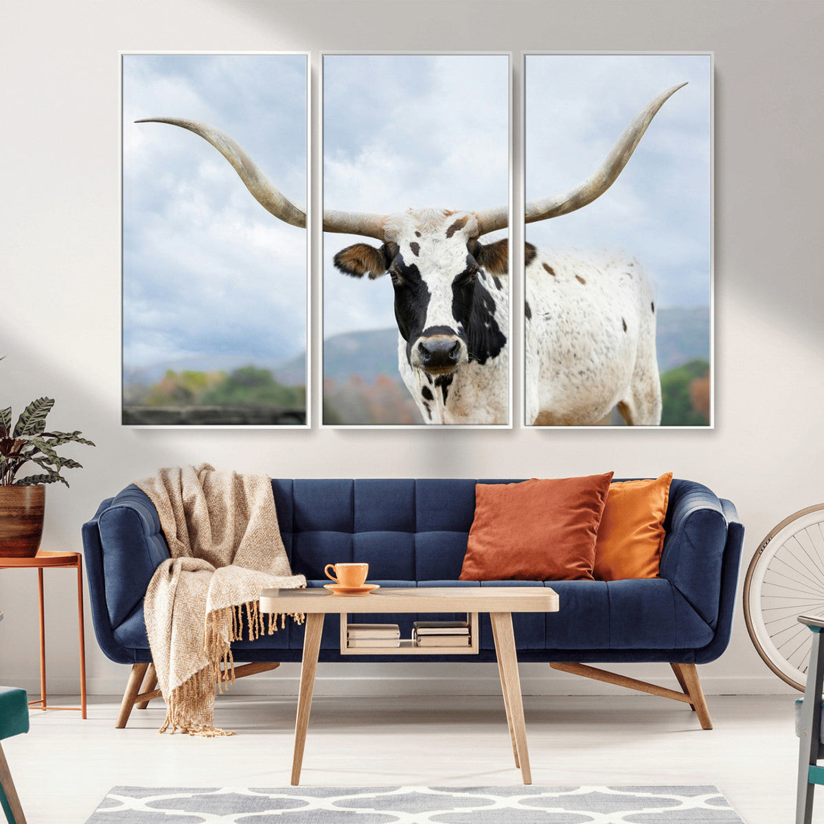 Texas Longhorn Wall Art Canvas Print, Framed Western Rustic Farmhouse