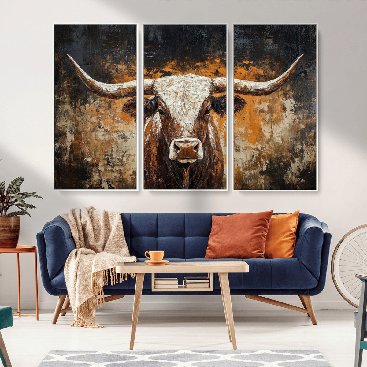 Abstract Longhorn Bull Wall Art Canvas Print, Vintage Western Texas Steer Artwork