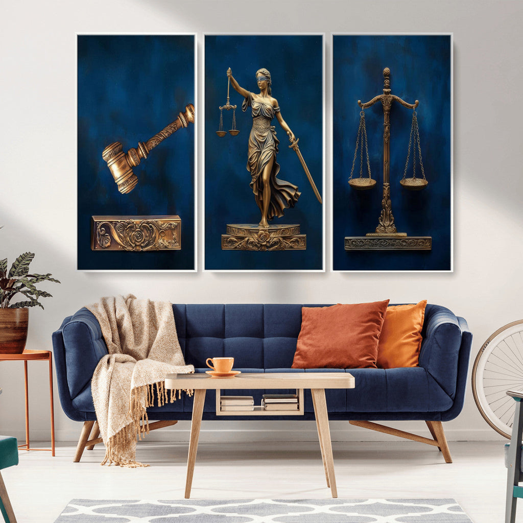 Lady Justice Wall Art Canvas Print, Elegant Gold Legal Symbols on Blue, Law Office Decor