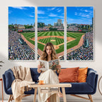 Wrigley Field Baseball Stadium Canvas Wall Art, Packed Crowd and Chicago Skyline