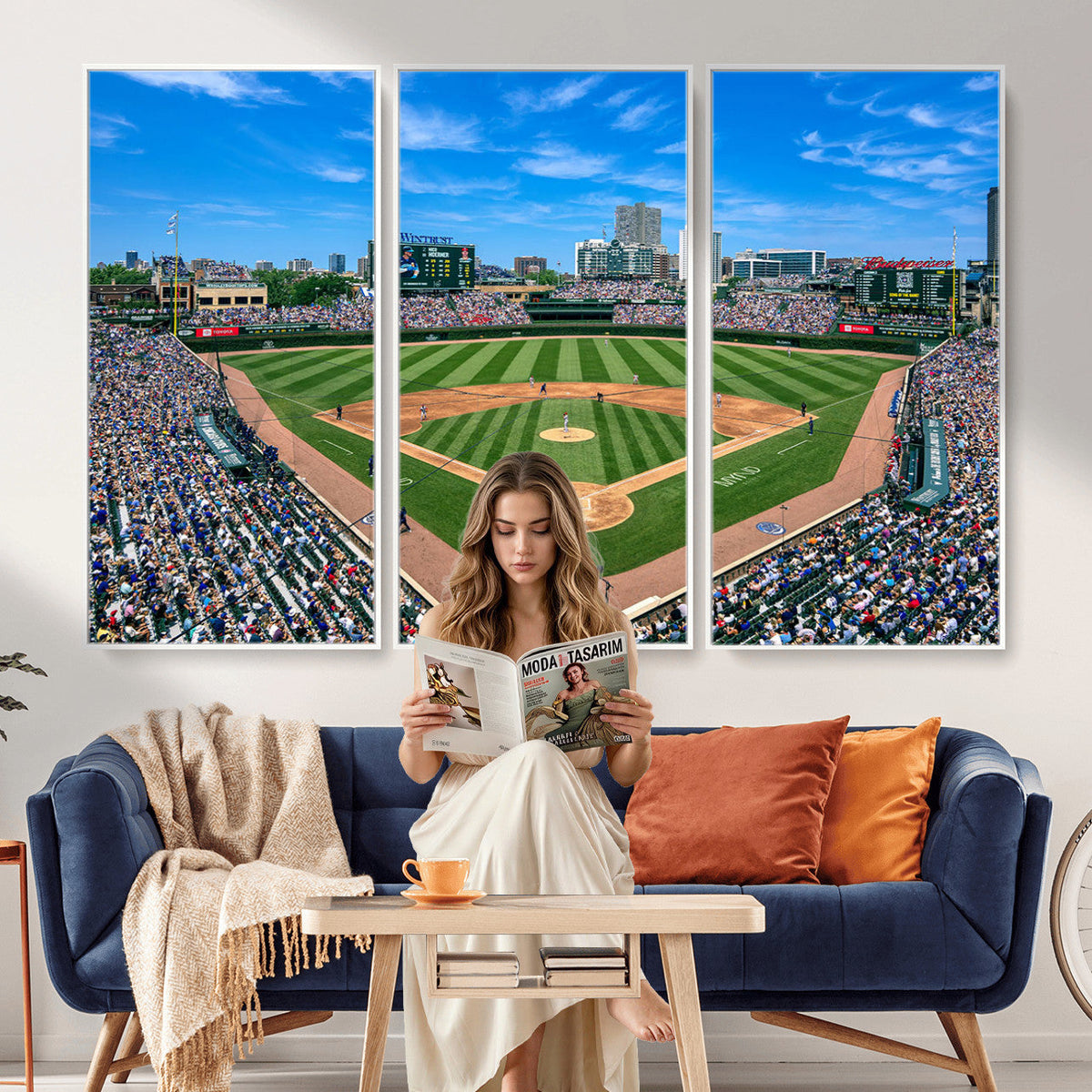Wrigley Field Baseball Stadium Canvas Wall Art, Packed Crowd and Chicago Skyline