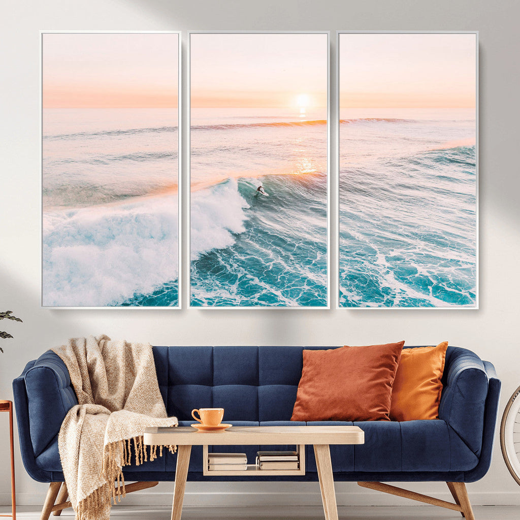 Sunset Surfing Wall Art Canvas Print, Ocean Wave Surfer with Golden Sky