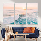Sunset Surfing Wall Art Canvas Print, Ocean Wave Surfer with Golden Sky