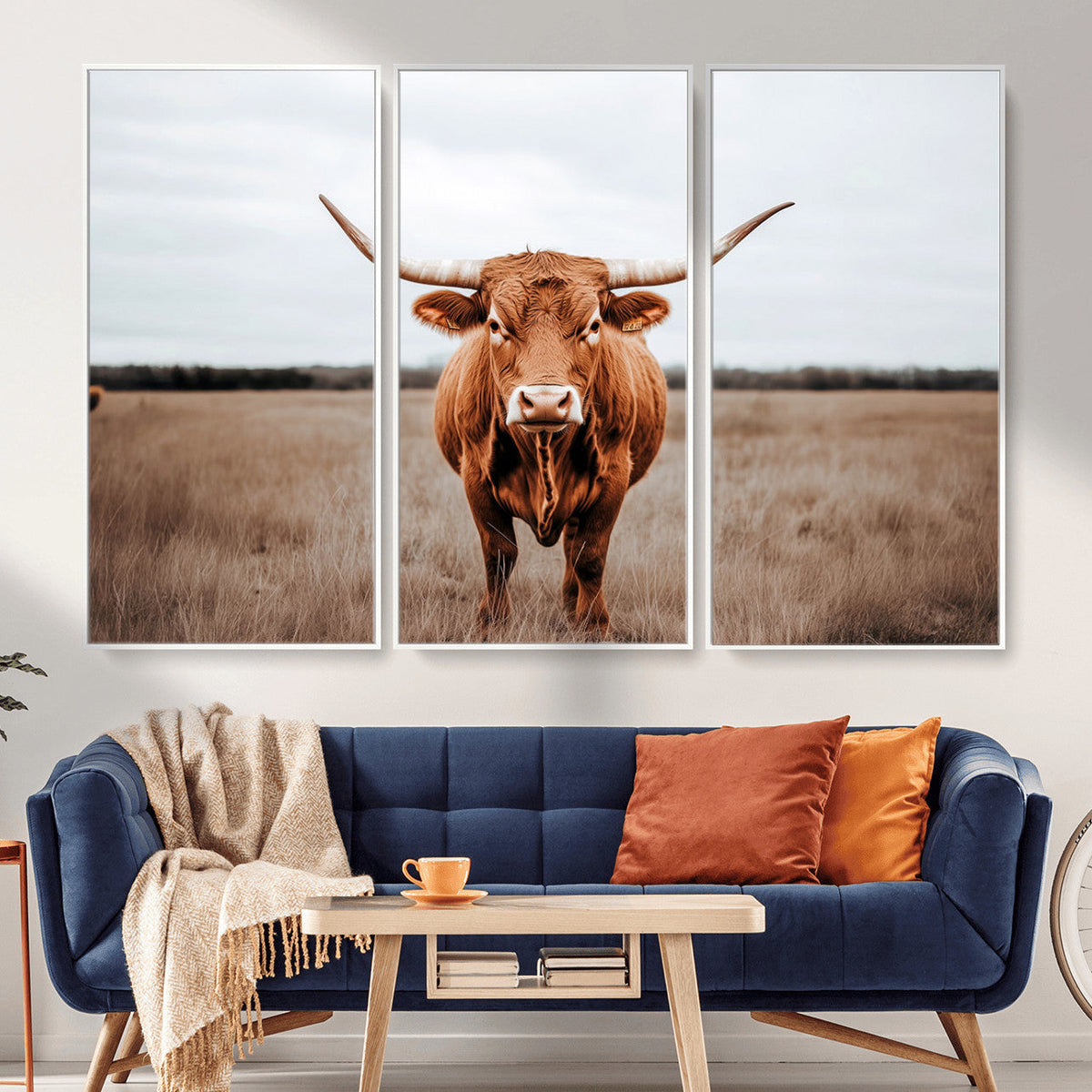 Longhorn Bull Wall Art Canvas Print, Framed Rustic Decor